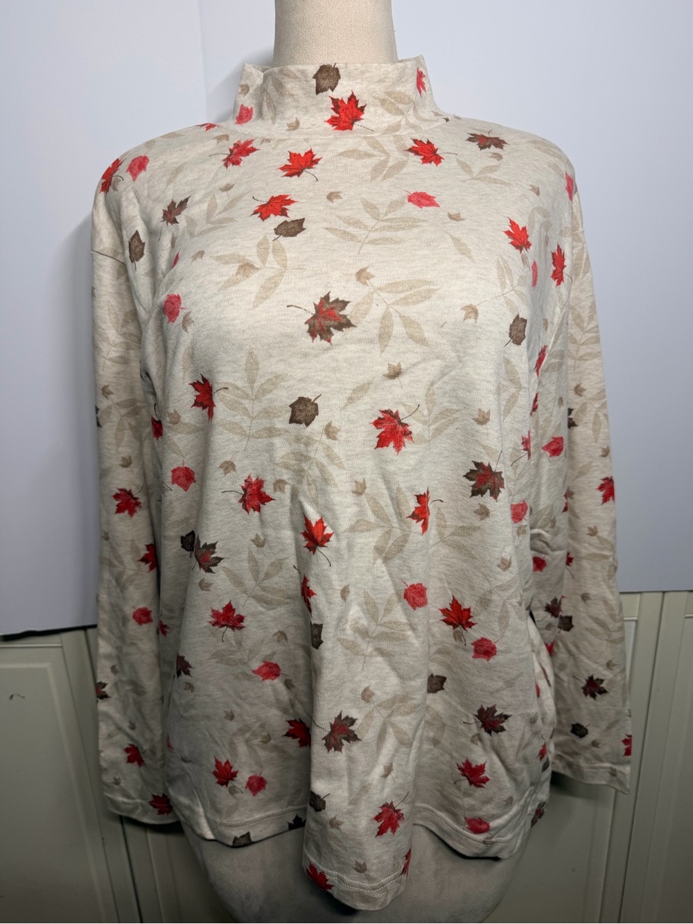 Croft & Barrow Woman 2X Fall Maple Leaf Mock Neck Cotton Top Novelty Normcore